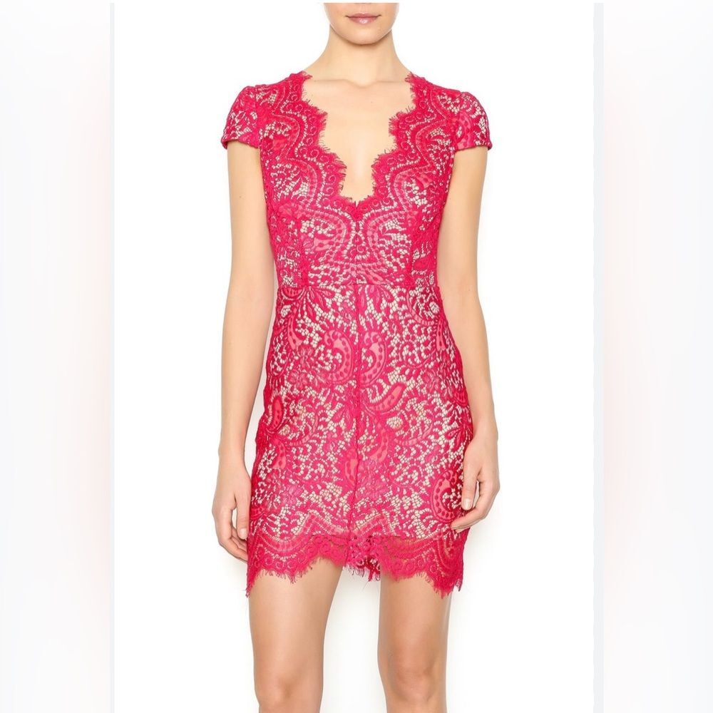 Luxxel Illusion Lace Pink Mini Dress w/ Plunge Neckline | Women’s Size L